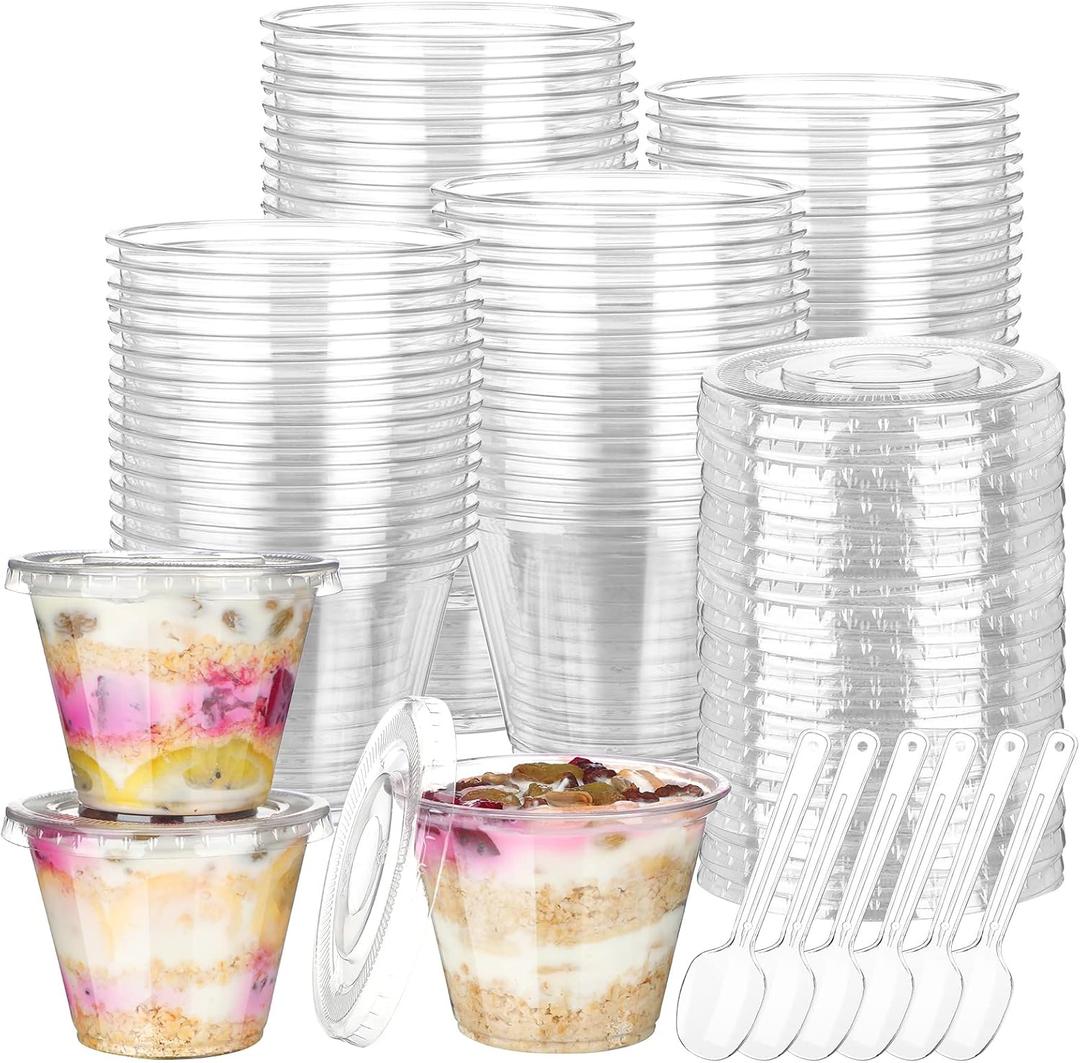 Didaey 200 Pcs 9 oz Clear Plastic Parfait Cups with Flat Lids and Spoons Sets, 100 Pack Disposable Yogurt Parfait Cups with Lids and 100 Pcs Spoons for Cake Cold Drink Ice Cream Pudding Fruit Salad