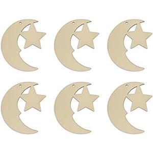 Creaides 20pcs Moon Star Wood DIY Crafts Cutouts Wooden Moon Star Shaped Hanging Ornaments with Hole Hemp Ropes Wood Tags for Baby Shower Wedding Birthday Christmas Decorations