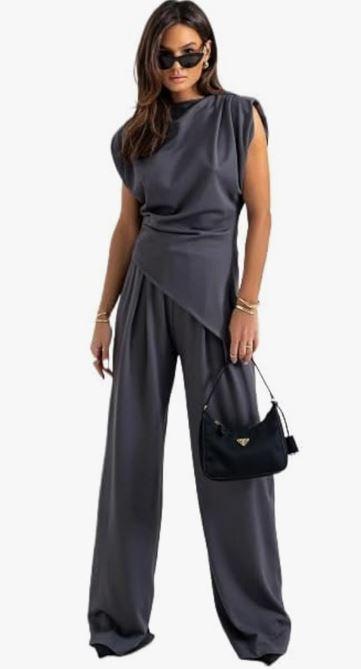 Women's Round Neck Pleated Sleeveless Casual Suit, Sleeveless Crewneck Vest Wide Leg Pantsuit Business Sets with Pocket Dark Gray, XL