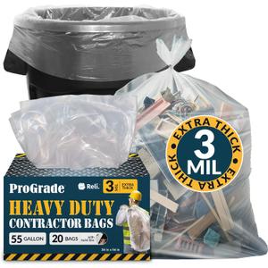 Reli. Contractor Garbage Bags 55 Gallon | 20 Trash Bags | Heavy Duty | Clear Contractor