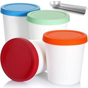 Nuenen 5 Pack Ice Cream Containers 1Qt Freezer Storage Tubs with Silicone Lids and Spoon for Homemade Ice Cream Reusable, Sorbet Dishwasher Safe(Blue, Red, Green, Orange)