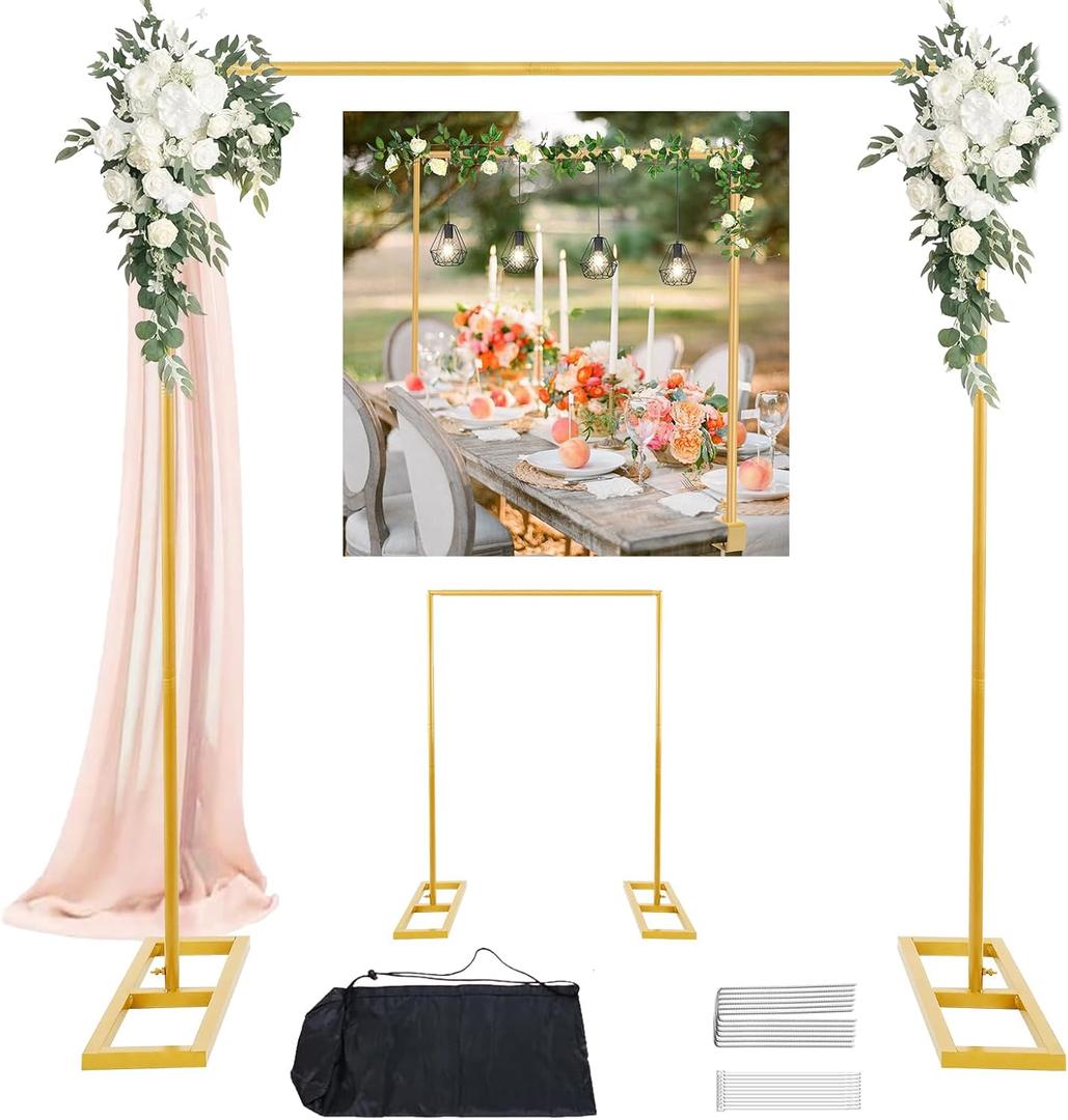 Square Balloon Arch Stand, 8.2FT Wedding Arch, Metal Gold Heavy Duty Backdrop Adjustable Stand, Extra 2 Clamps Change Over The Table Rod Stand for Baby Shower Party Decoration, Garden Trellis Frame