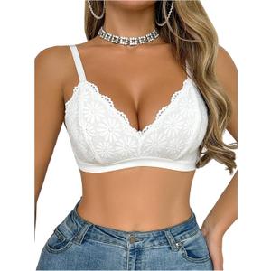 SOLY HUX Lace Bras for Women Wireless Bra V Neck Comfort Everyday Bralette (White, XL)