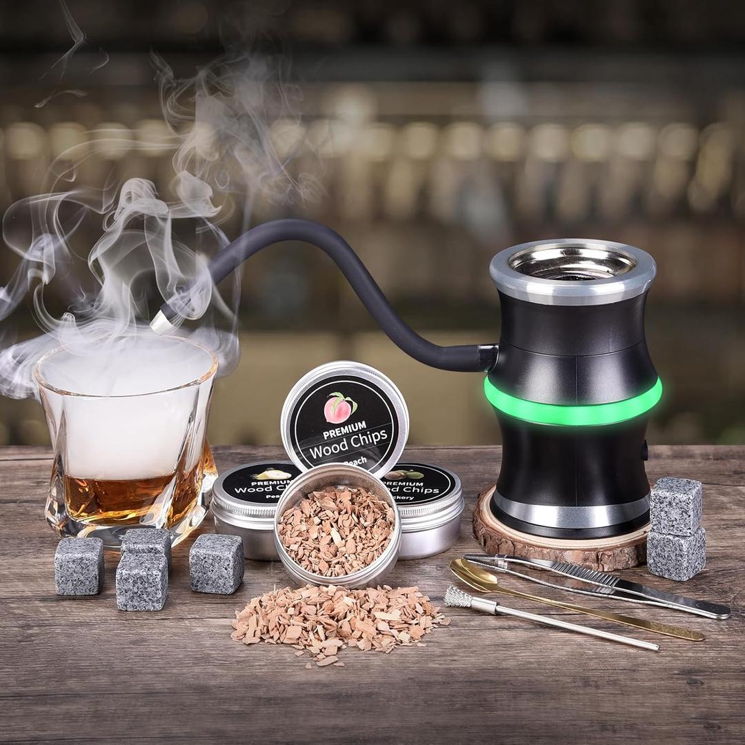 Electric Whiskey Smoker Kit, Cocktail Smoker Kit with Whiskey Stones & 8 Flavors Wood Chips, Drink Bourbon Old Fashioned Smoker Kit, Whiskey Gifts for Men, Dad, Husband, Boss, Boyfriend, Electric Smoker Kit-mat Black