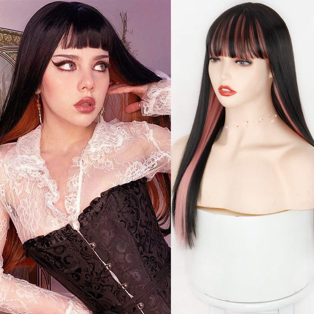 Swiking Black and Pink Long Straight Wig for Women with Bangs Synthetic Hair Heat Resistant Fiber Wig Natural Looking Halloween Party Cosplay Wig