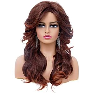 Rugelyss Vintage Wigs Dark Brown Rednish Maroon Wig for Women Lady Natural Synthetic Full Wigs for 70s Cosplay Costume Disco Hair Wig 20"