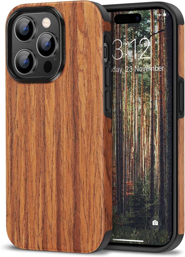 TENDLIN Compatible with iPhone 14 Pro Max Case Wood Grain Outside Design TPU Hybrid Case (Red Sandalwood)