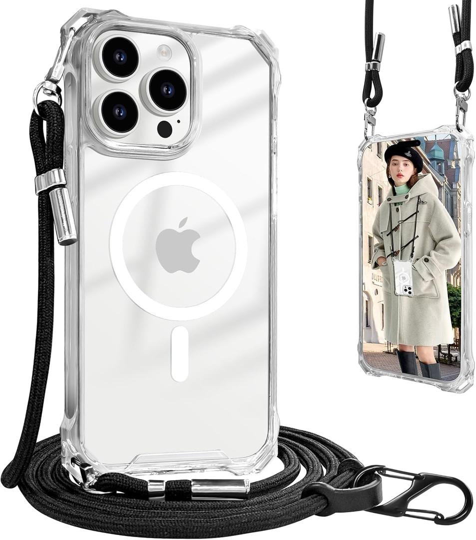 UnnFiko for iPhone 16 Pro Case Clear, Compatible with Magsafe, Crossbody Phone Case with Shoulder Strap, Shockproof Drop Protection, Magnetic Phone Case for iPhone 16 Pro (Clear)