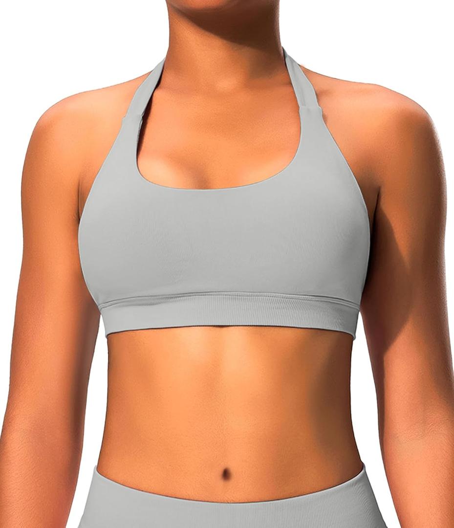 Comper Halter Sports Bras for Women Backless Workout Bra Seamless Open Back Strappy Yoga Bra Crop Top with Removable Cups (Gray, S)