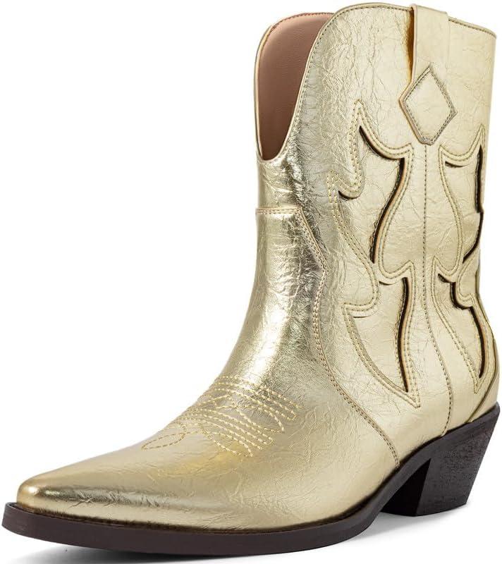 HOCHFART Cowboy Boots for Women Pointed Toe Pull On Boots Metallic Embroidered Western Cowgirl Boots with Chunky Heel for Wide Calf (8.5)