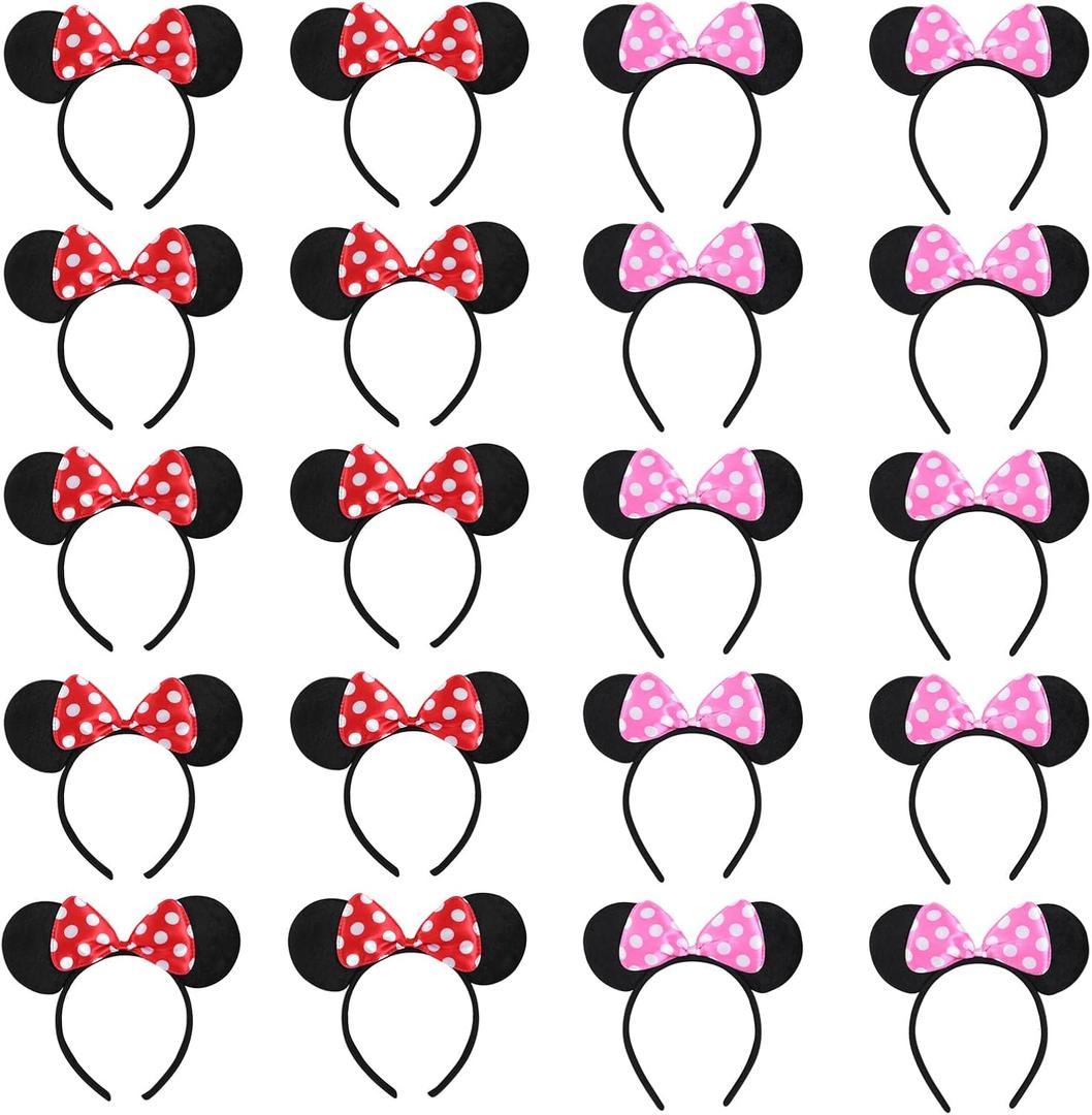 20 PCS Mouse Ears Headbands for Birthday Party Theme Park Costume Play Celebration for Boys and Girls (3color) (Pink and Red)