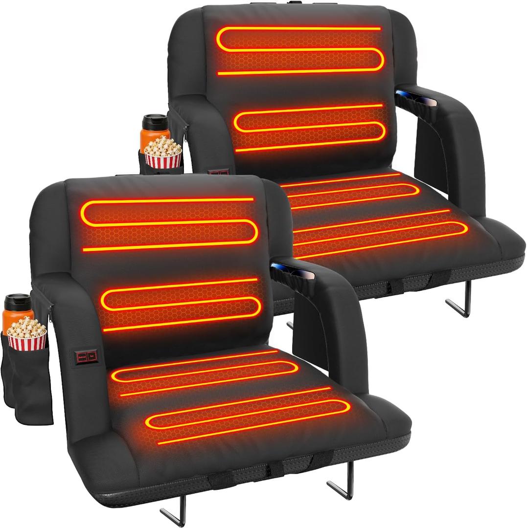 Suteck Extra Wide Heated Stadium Seats with Back Support 2 Pack, Portable Sofa Style Bleacher Chair with Back and Cushion, Armrest, Ideal for Outdoor Stadiums and Events -23" Wide