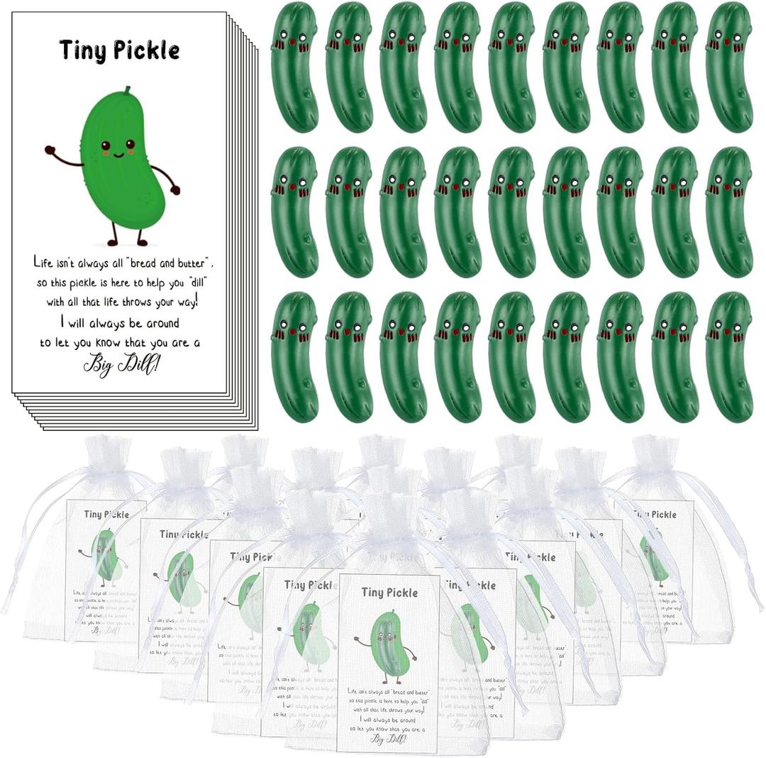 30 Sets Pickle Emotional Support Gifts Bulk Positive Mini Resin Pickle Inspirational Cucumber Card Organza Bags Valentines Gift for Employee Coworker Office Staff Teacher Student