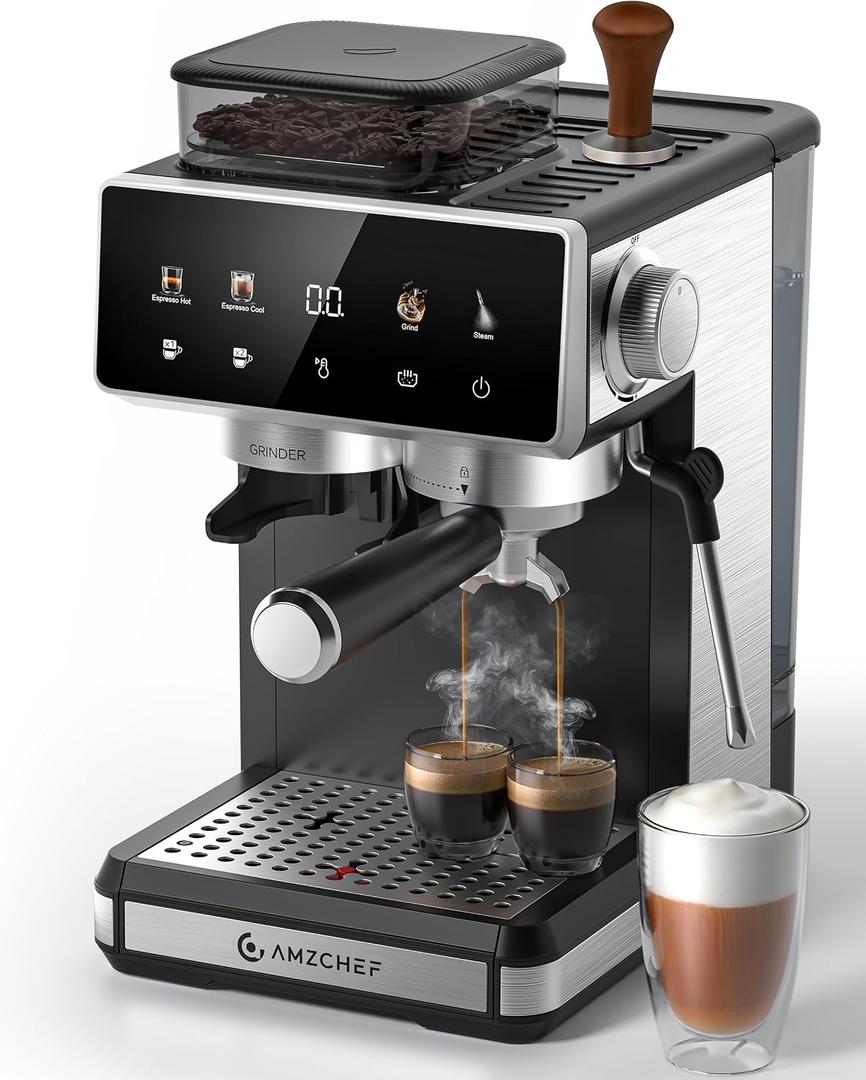 AMZCHEF Espresso Machine with Grinder, 20 Bar, Latte & Cappuccino, Black | 20 Grind Settings, Built-In Grinder, Hot & Cold Brew, 30s Heat-Up, 3 Temps, 3–10s Pre-Infusion, Milk Frothing, Compact Design