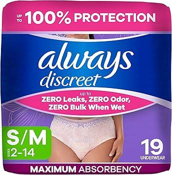 Always Discreet Adult Diapers for Women, Incontinence Underwear, Postpartum Essentials, Disposable Briefs, Max Absorbency, Bladder Leak Protection, Small/Medium, 32ct