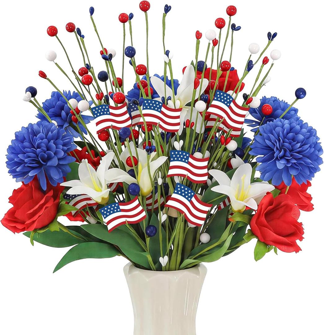 4 Pcs 4th of July Patriotic Decorations Table Centerpieces, 17.7in Red White and Blue Flower Berry Stem Picks Artificial, Memorial Independence Day Flower Decor for Home Party Supplies Vase Filler
