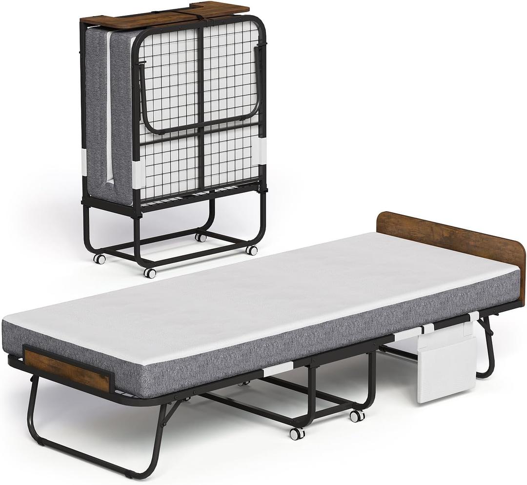 Folding Bed with 5" Mattress Wooden Headboard Side Pocket Cot Size Portable Beds for Adults Folded Guest Bed, Home Office,Fold Up Roll Away Beds for Easy Storage (Rustic Brown, Cot 75x31)