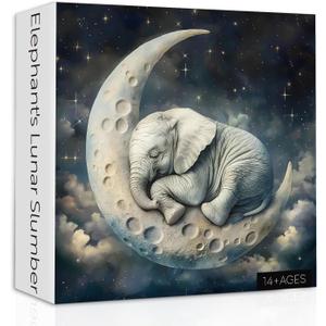 Elephant Moon Puzzles for Adults 1000 Pieces, Vintage Sleeping Elephants Jigsaw Puzzles, Fantasy Space Animal Challenging Puzzle