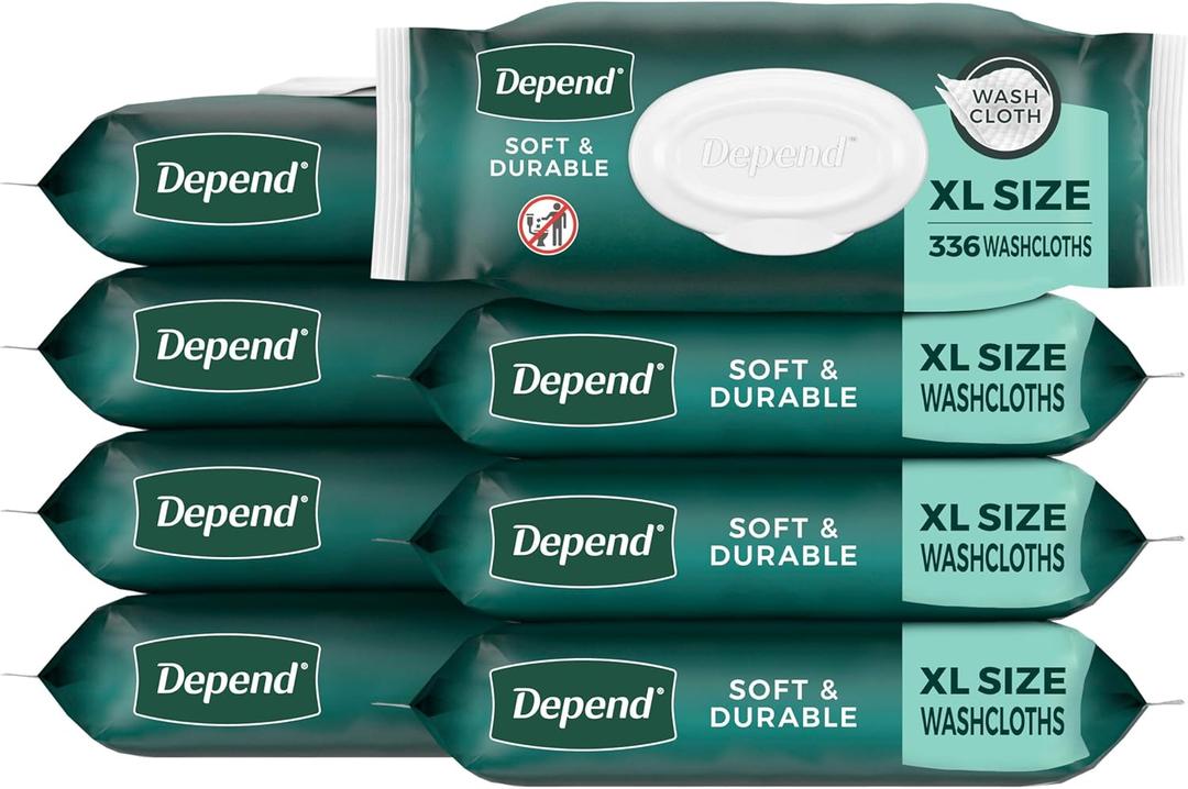Depend XL Disposable Washcloths for Adults, 8 Flip-Top Packs, 42 Wipes Per Pack (336 Wipes Total)