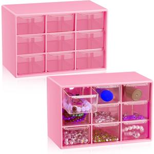 Wenqik 2 Pcs Small Drawer Organizer Teacher Toolbox Small Organizer with 9 Clear Drawers Plastic Desktop Craft Storage Box for Desk Office Classroom Home 7" x 3.9" x 4.7"(Rose Red)