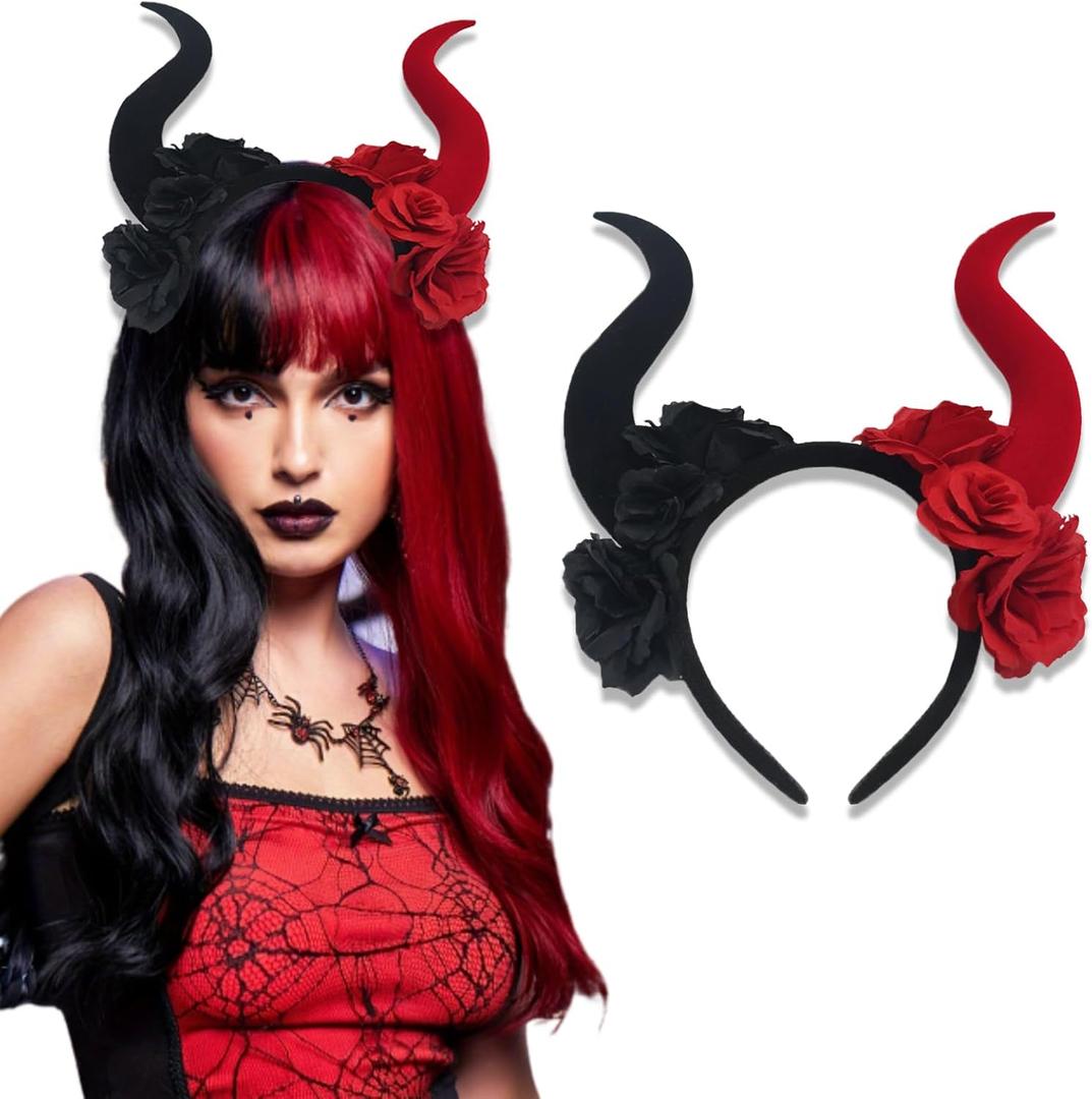 Devil Horns Headband Flower Rose Red Black Hair Hoop Gothic Devil Halloween Party Women Dress Up Masquerade Decorations Accessories