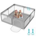 Baby Playpen 64"x64" Square for Toddlers Tool-Free with Pull Up Rings | Sturdy Suction Base, No Wobble, 360 Breathable Mesh, Foam-Padded Top & Posts, BPA-Free Oxford 27"Ht, Easy-Clean, Grey