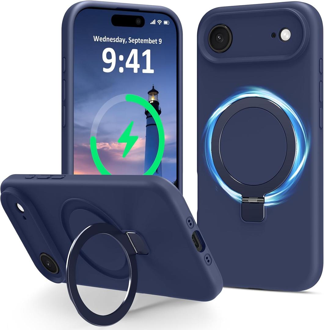 Compatible with iPhone Air Case with Stand, Full Camera Protection Slim Liquid Silicone Phone Cases for iPhone 17 Air Compatible with MagSafe Magnetic Ring Kickstand Case 6.5", Dark Blue