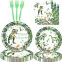 80 Pcs Watercolor Dinosaur Birthday Decorations Green Dino Paper Dinner Plates Napkins Forks Dinnerware for Dinosaur Theme Baby Shower Boys 1st 2nd 3rd 4th Birthday Party Supplies