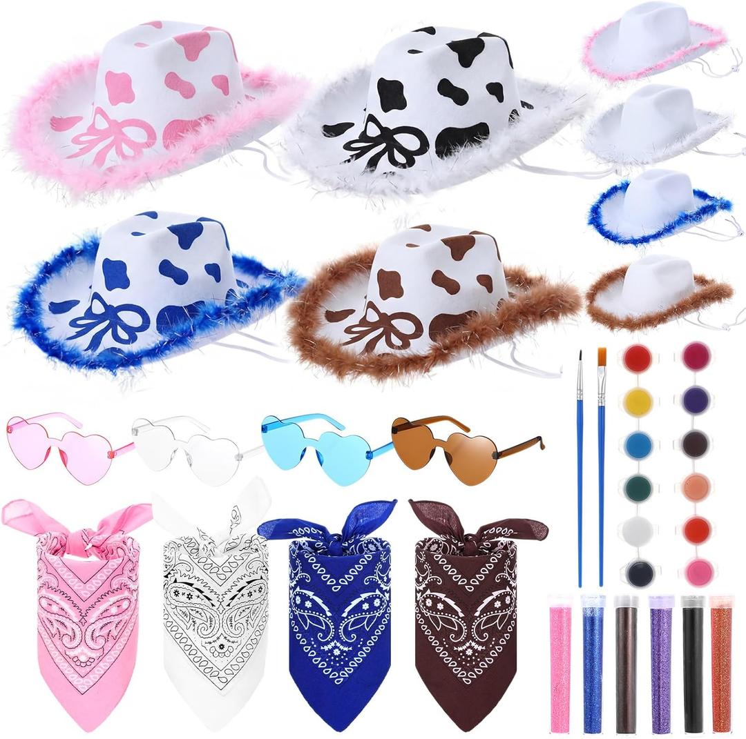 Suncalla 4 Sets DIY Easter Cowboy Hats Western Rodeo Hats with Feathers, Bandana, Heart Sunglasses Paint Glitter for Adult