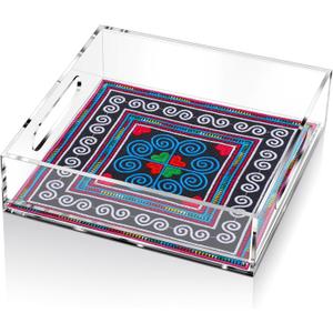 Acrylic Serving Tray with Handle Needlepoint Clear Decorative Tray Countertop Organizer for Home Bathroom Office (9"x 9")