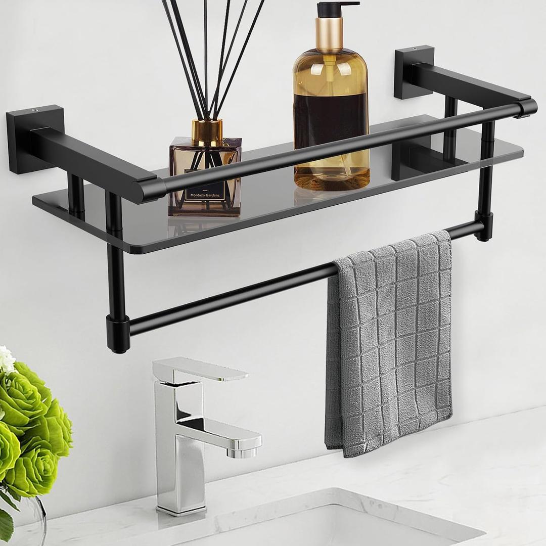Glass Shelf for Bathroom 20 Inch Bathroom Shelves with Towel Bar Tempered Glass Shelves with Stainless Steel Towel Holder for Wall (All Matte Black), 20-inch with Railing