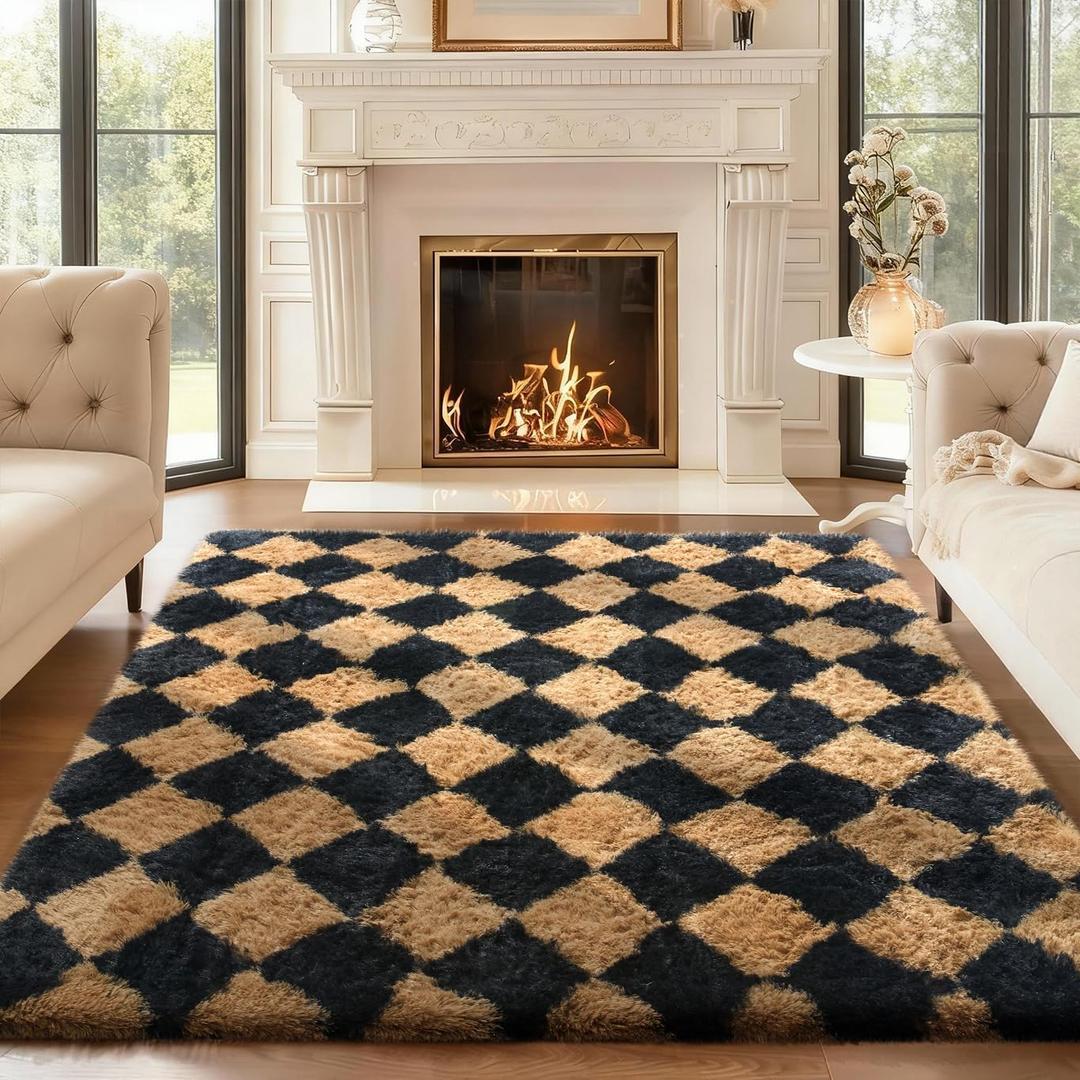 Ophanie Black & Beige Diamond Checkered Rugs for Living Room Bedroom, Rhombus Fluffy Soft Cute Fuzzy Area Rug, Plush Shaggy Bedside Floor 4x6 Furry Carpet for Kids Baby Teen Dorm Home Decor Aesthetic
