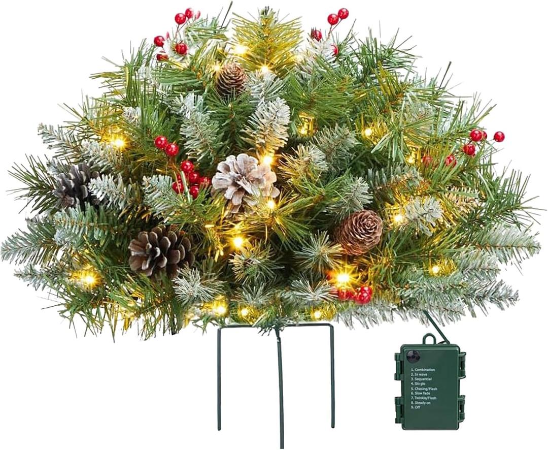 Pre-Lit Artificial Christmas Tree Urn Filler,Artificial Christmas Pine Trees with Tripod Stake,Xmas Tree Urn Filler for Front Door,Yard,Entryways,Patios Holiday Decor (Y, One Size) (1in)