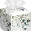 Eucalyptus Leaves and Flowers Tissue Box Cover Square,Watercolor Green Leaves Branches Tissue Box Holder Waterproof Leather Facial Paper Organizer Dispenser for Bathroom Home Car Nightstand Vanity