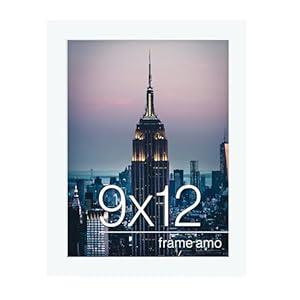 Frame Amo 9x12 White Modern Picture Frame, 1 inch Border, Acrylic Front, for Wall or Table