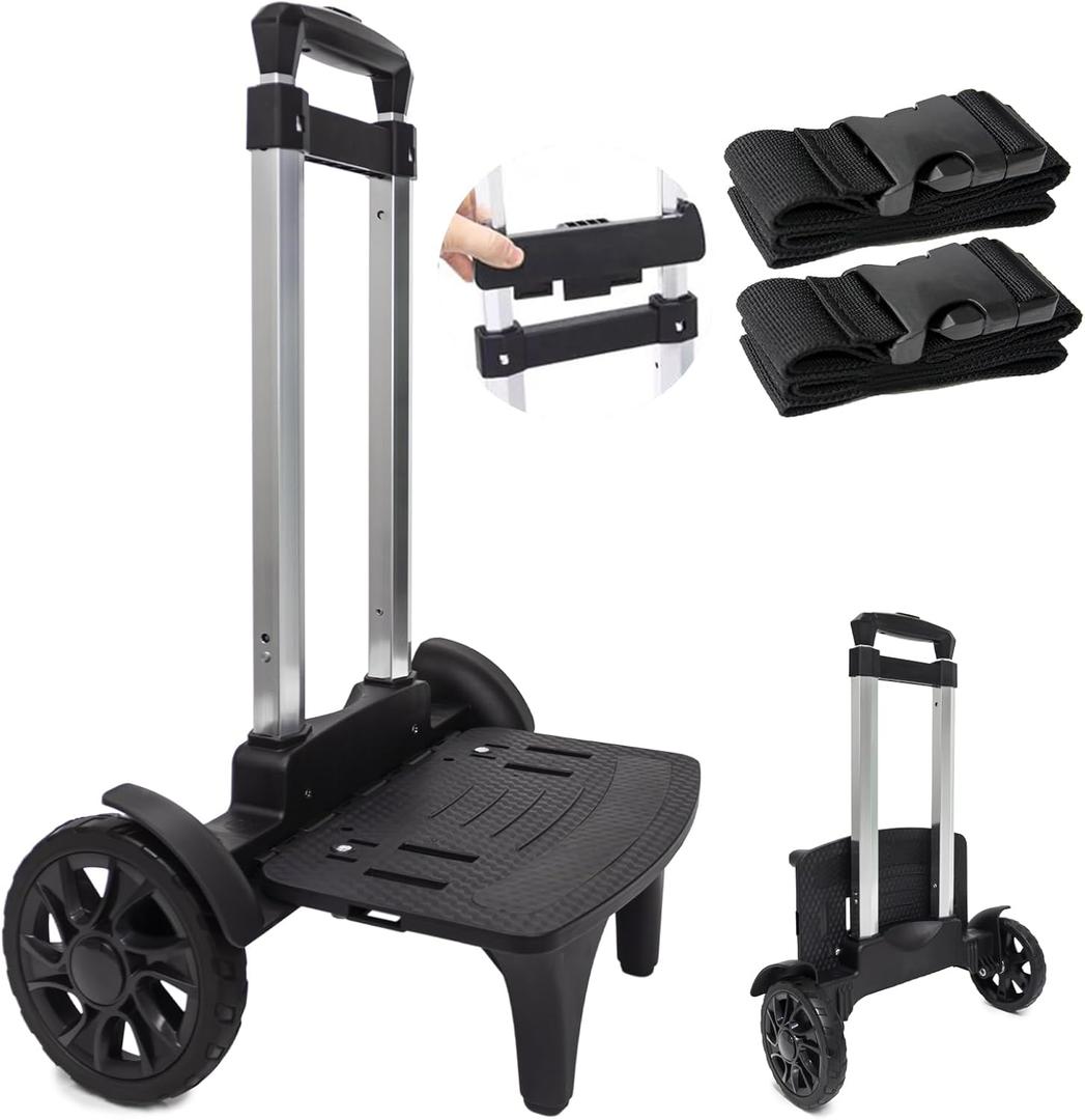 Backpack Trolley, Wheeled Cart Aluminum Alloy,Luggage Cart with 2 Large Tank Wheels,Folding Hand Truck with Luggage Straps for Bags,Lunch Backpack,Golf Bag,Teenagers,Adults,School,Travel (Black)