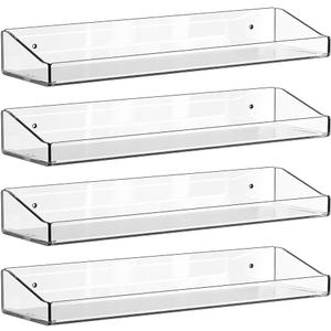 4 Pcs Acrylic Floating Shelves, 15" Wall Mounted Bookshelves Farmhouse Shelves for Display Book Photo Figures Plants, Display Shelf Organizer for Bedroom Living Kitchen Room Storage