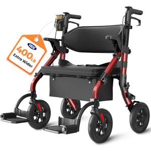 VOCIC Walkers for Seniors Z59, 2 in 1 Walker Wheelchair Combo, 400 LBS Weight Capacity, 10" All Terrain Rollator with Extra Wide Seat & Backrest, Heavy Duty Rollator with Cup Holder (Red)