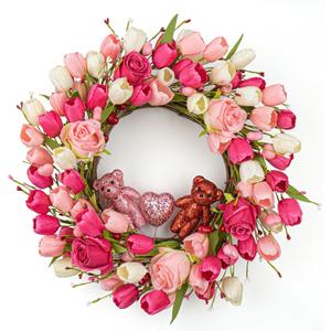 J'FLORU Valentines Day Decorations Romantic Valentines Day Gifts 22 Inch Valentine's Day Wreath with Lovely Bear Heart Roses Tulips for Valentine Party Anniversary Candlelight Dinner