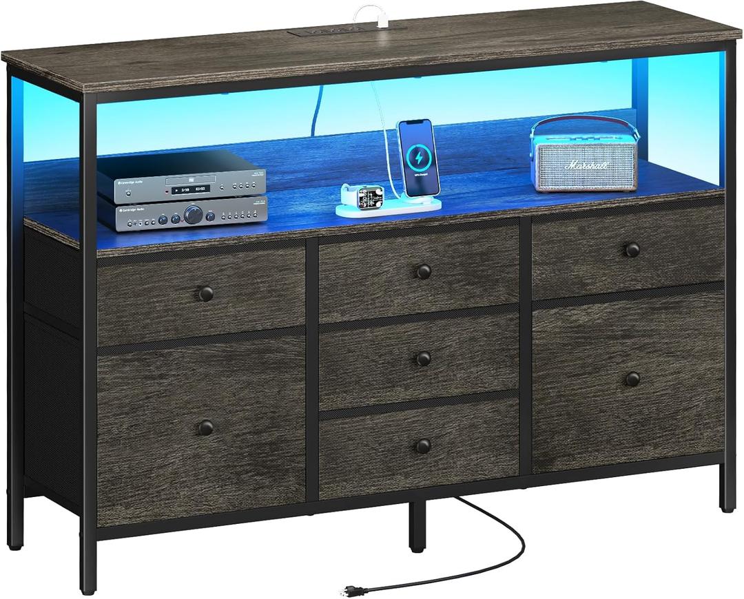Yoobure LED TV Stand for Bedroom, 50 Inch Kids Dresser with Power Outlets, 7 Drawers Entertainment Center with Storage Shelf, TV Stands Dresser for Bedroom, Living Room, TV Console Entertainment Stand (Charcoal Gray)