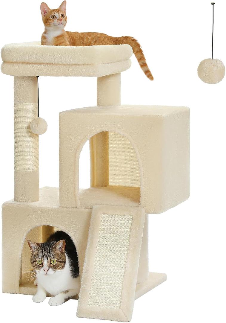 PAWZ Road Cat Tree, 30 Inches Cat Tower with Dual Condos for Indoor Cats, Plush Cat House with Padded Perch, Scratching Ramp and Posts and Replaceable Balls, Beige