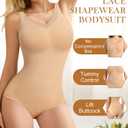 V Neck Shapewear for Women Tummy Control, Seamless Bodysuit with Lace, Comfort All Day Wear Under Dresses (Beige, M)