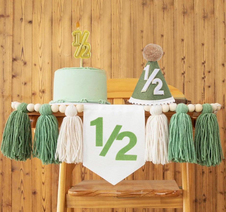 1/2 Birthday Boy Half Birthday Decorations  Half Way To One Banner, 1/2 Birthday Candles and Half Birthday Cone Hat for Boys 6 Months Birthday Decorations Party Supplies（Green）