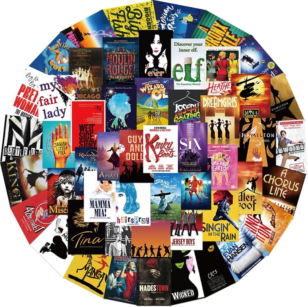 TWGOGOTIC 50PCs Pack Broadway Musical Stickers, Vintage Style, Vinyl PVC Waterproof Decals for Laptop, Journal, Water Bottle, Wall, Theater, Dorm, Kids, Teens, Girls (Black)