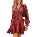 CUPSHE Women's Red Plaid Fall Dress V Neck Ruffle Cuff Long Blouson Sleeve Wrap with Side Tie Casual Mini Autumn Dresses (S)