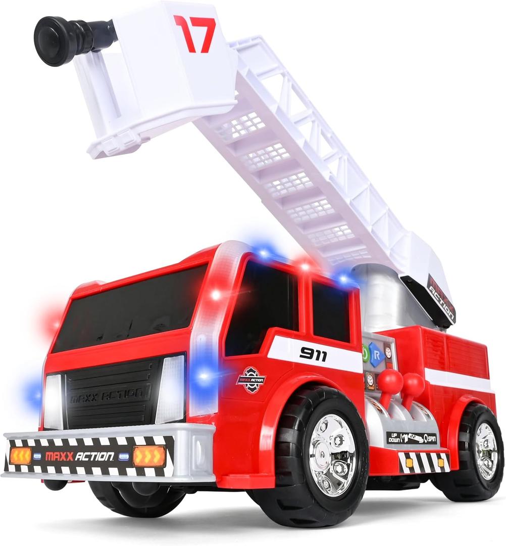 Maxx Action 2-N-1 Firetruck with Joystick Controls, Lights, Siren Sounds, Motorized Movement, and 360 Spinning Ladder - 16-Inch Rescue Toy Vehicle for Kids
