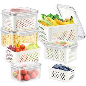 10 PS Fridge Food Storage Container with Colander, Plastic Fresh Produce Saver Keeper for Vegetable Fruit Berry Salad Lettuce Meat Fish, BPA Free Kitchen Refrigerator Organizer Bins (6.2L-0.8L)