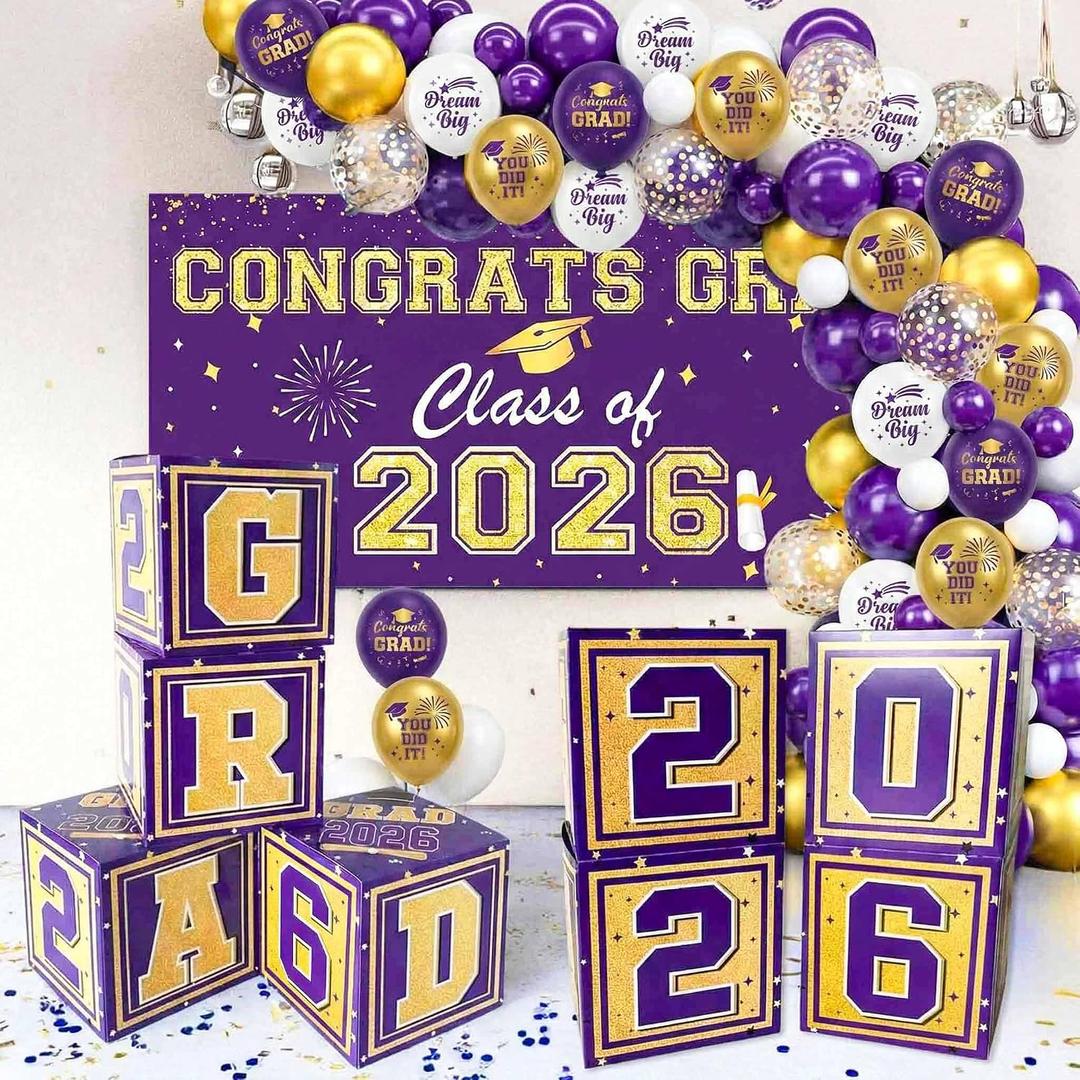 2 x Graduation Decorations 2026 Purple and Gold Balloon Boxes, Class of 2026 GRAD Letters, Balloon Garland Kit, Congrats Grad Banner Photo Backdrop for High School & College