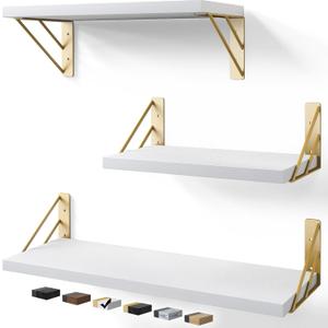 BAYKA Wall Shelves for Bedroom Decor, Floating Wall Shelves for Living Room Kitchen Storage, Wall Mounted Rustic Wood Shelves for Kids Books,Corner Shelves for Bathroom(White and GoldSet of 3) (3-Piece Set, White Gold)