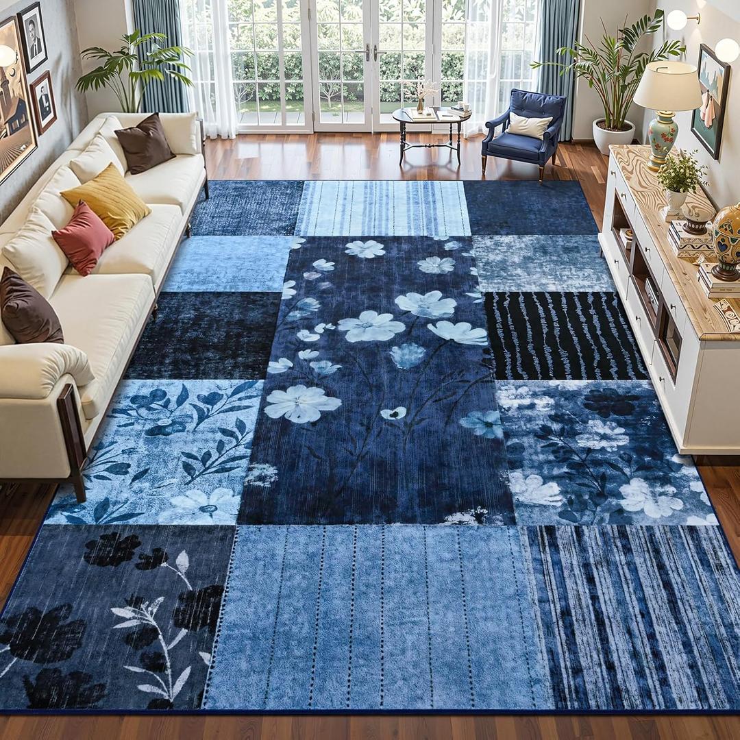 DweIke Washable 8x10 Area Rugs for Living Room, Large Modern Geometric Floral Bedroom Rug, Non-Slip and Stain Resistant Low Pile Throw Carpets for Dining Room Home Hardwood Floor Decor, Navy Blue